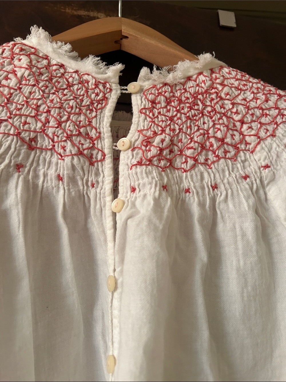 White Long-Sleeve Smocked Peasant Top with Pink Embroidery - Picture 6 of 10